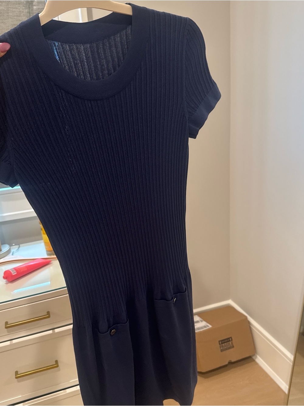 CHANEL Navy Ribbed Short-Sleeve Mini Dress with Pocket Detail